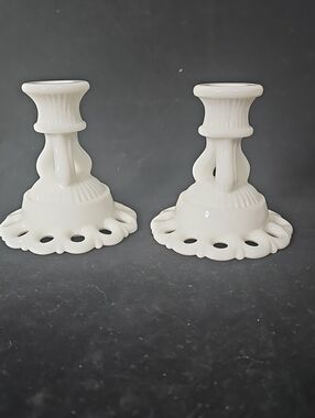Vintage Westmoreland White Milk Glass Scalloped Edge Candle Holders - Pair